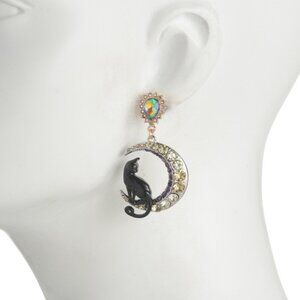 Betsey Johnson Black Cat On A Crescent Moon Two-Tone Drop Earrings, NEW IN BOX